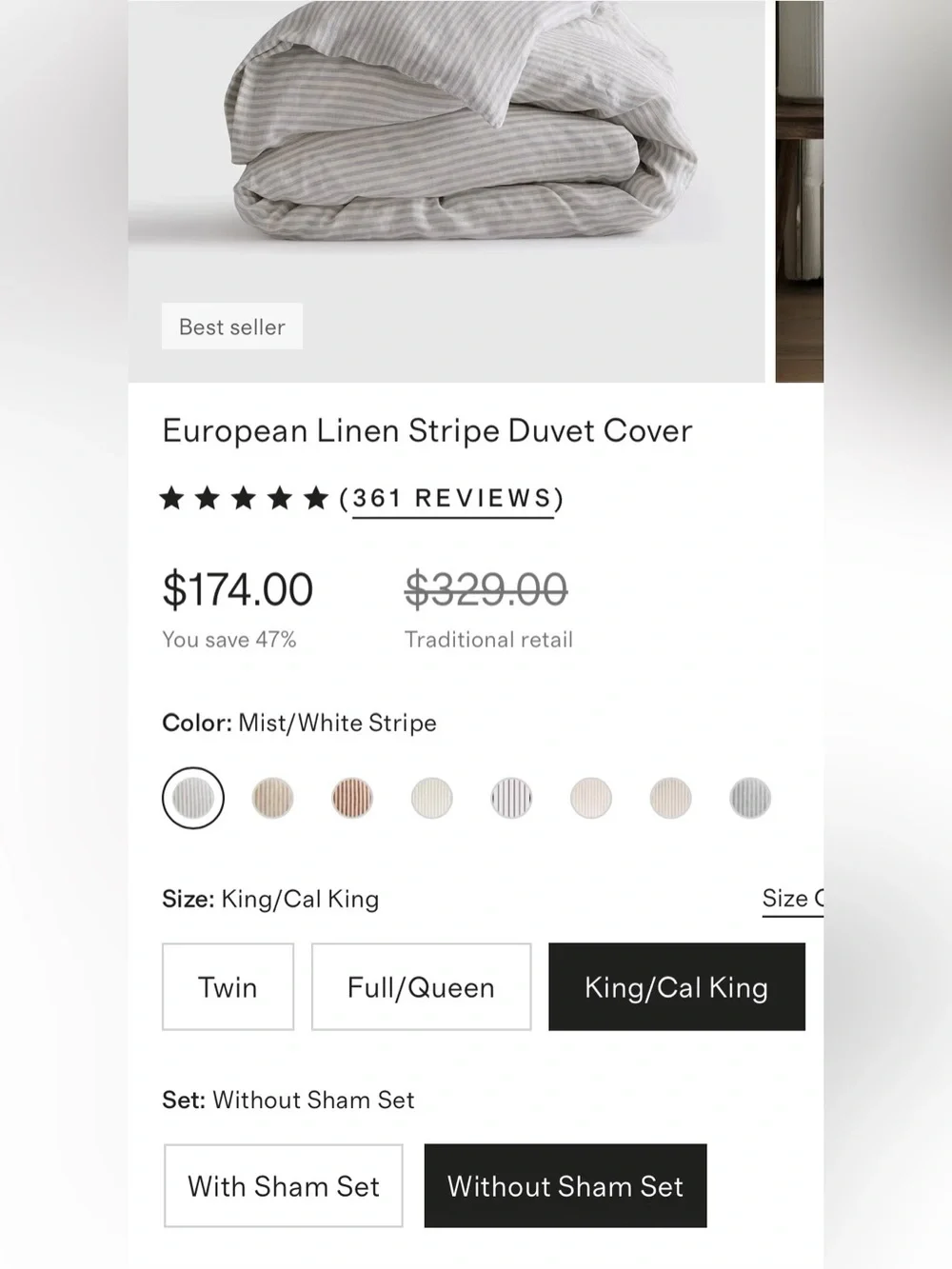 NWOT Quince European Linen Stripe 1 Piece Duvet Cover, King/Cal (Mist/White)